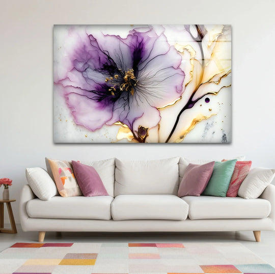 Purple and Gold Abstract Floral Wall Art – Luxury Glass Print for Elegant Interiors - MyPhotoStation