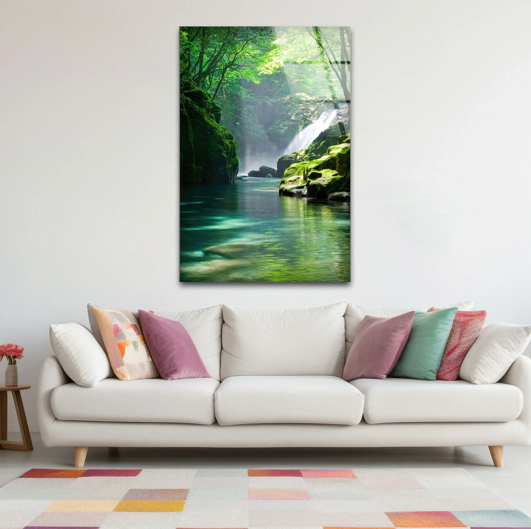Tranquil Forest Waterfall Wall Art – Serene Nature Glass Print for Zen-Inspired Decor - MyPhotoStation