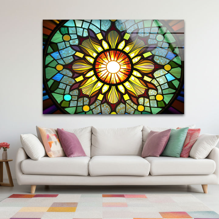 Strahlende Buntglas-Wandkunst mit Sonnenstrahlen – Buntes Mandala-Fensterpaneel 