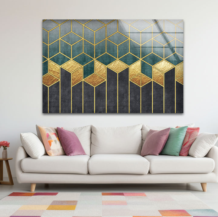 Gold Teal Geometric Wall Art – Luxury Patterned Glass Print for Modern Decor