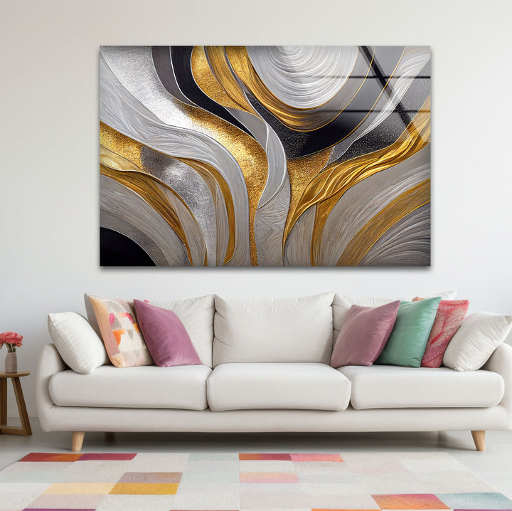 Silver Gold Wave Wall Art – Luxury Abstract Fluid Glass Print Décor
