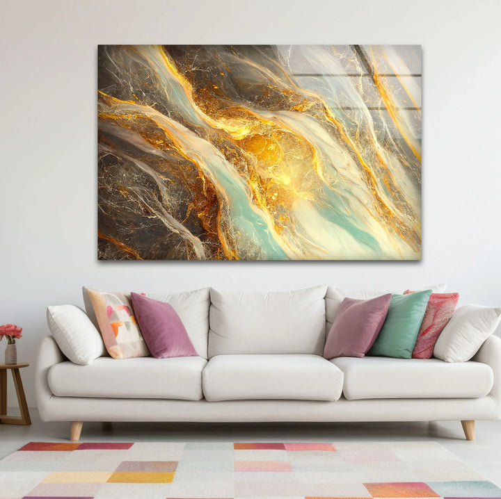 Gold Teal Marble Wall Art – Abstract Glass Print with Fiery Metallic Flow for Modern Elegant Interiors - MyPhotoStation