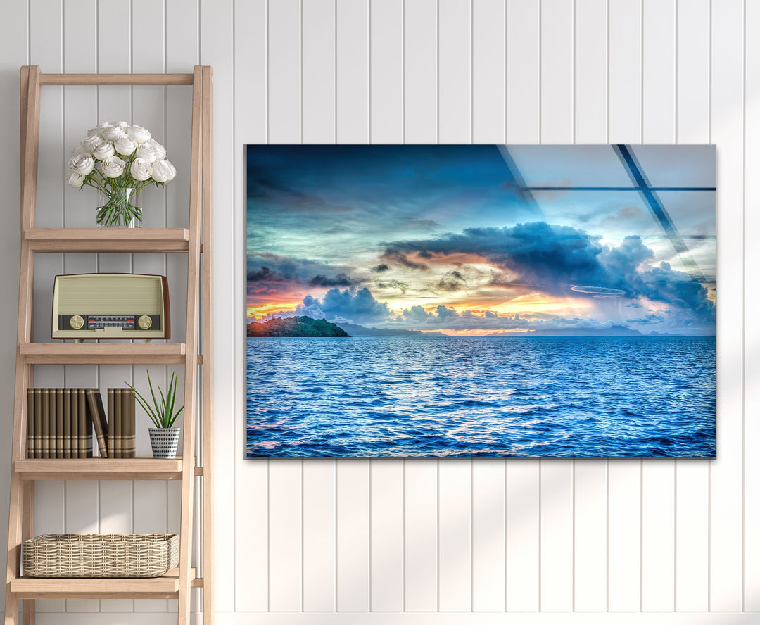 Tropical Sea Horizon Wall Art – Vibrant Ocean Sunset Glass Print for Modern Interiors