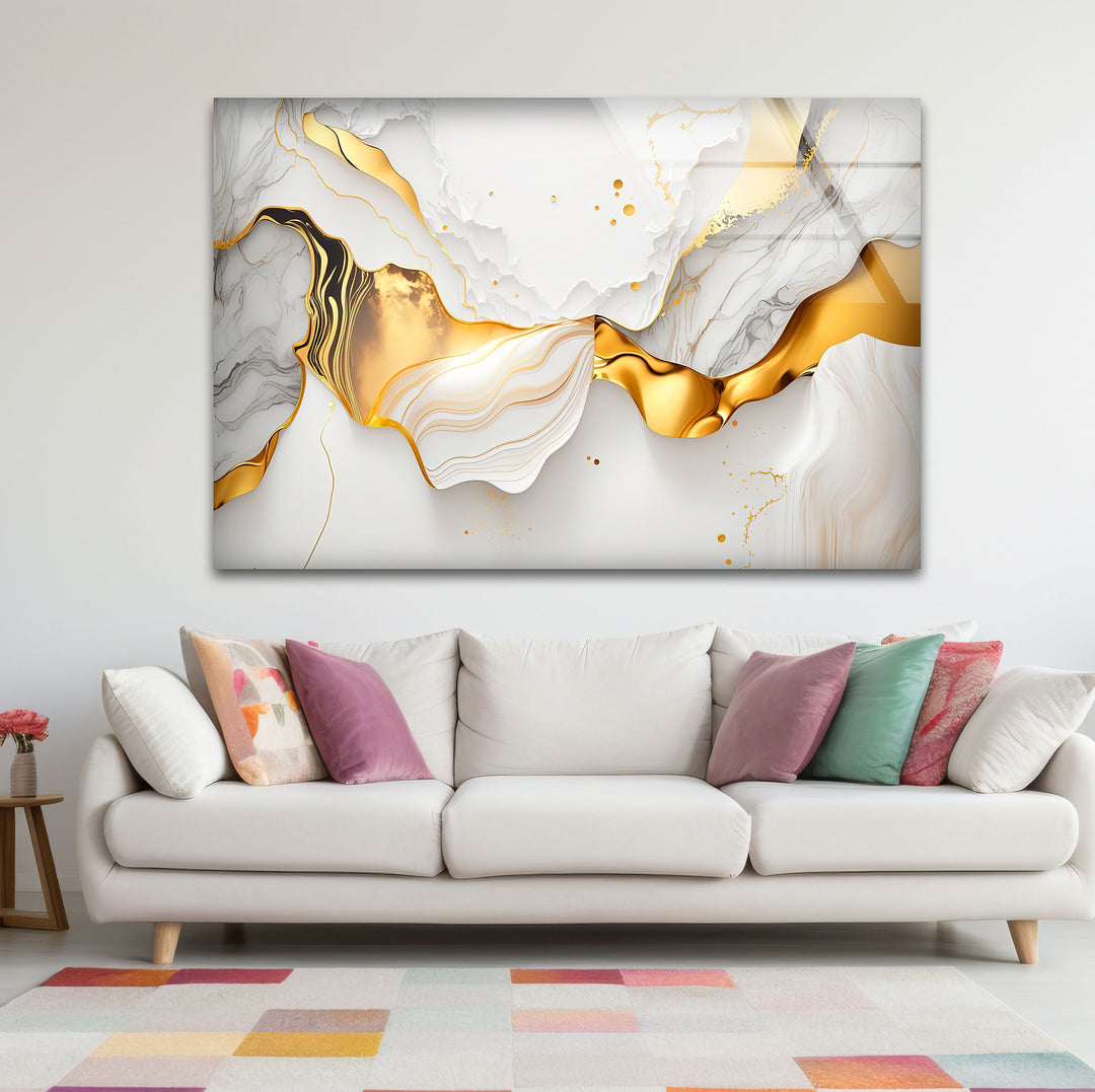 Marble Gold Wave Wall Art – Luxury Abstract Glass Print for Modern Interiors
