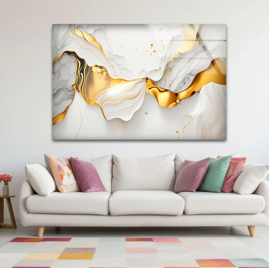 White and gold abstract glass wall art, a unique modern wall decor featuring flowing marble patterns.