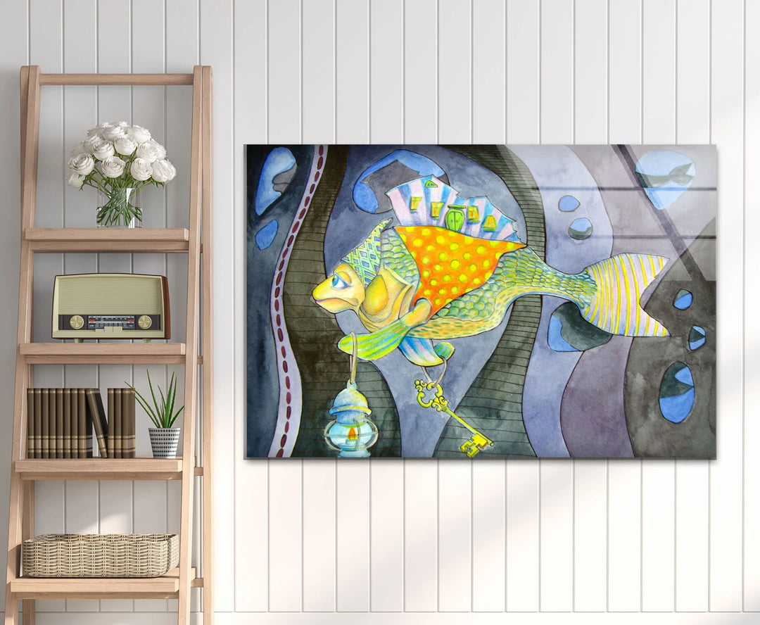 Surreal Fantasy Fish Wall Art – Whimsical Glass Print with Key & Lantern - MyPhotoStation