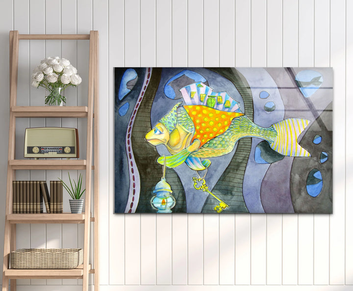 Surreal Fantasy Fish Wall Art – Whimsical Glass Print with Key & Lantern - MyPhotoStation