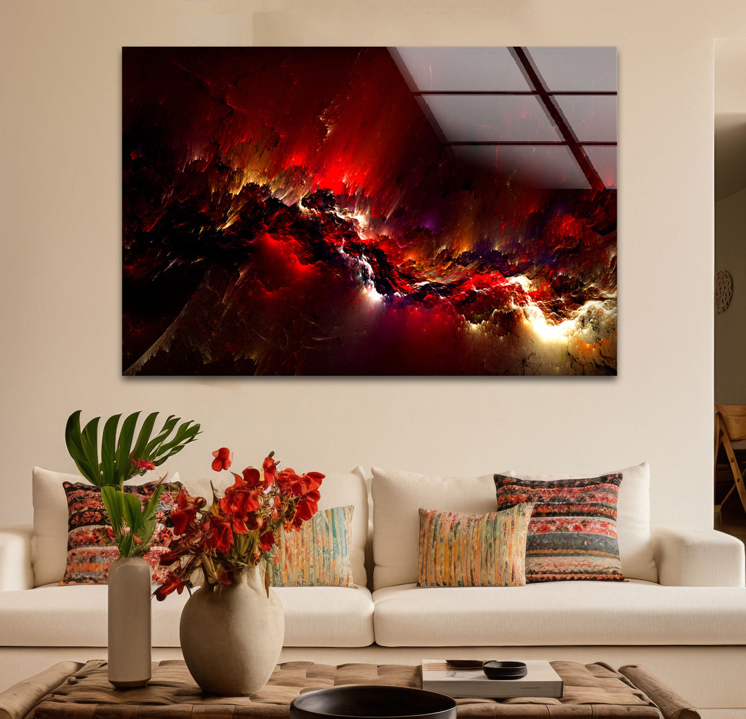Crimson Nebula Wall Art – Fiery Red Abstract Galaxy Glass Print