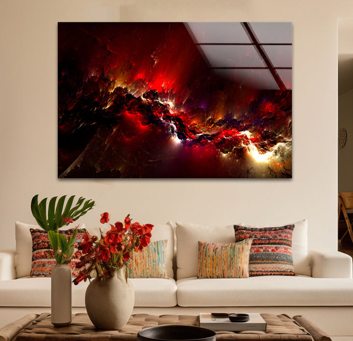 Crimson Nebula Wall Art – Fiery Red Abstract Galaxy Glass Print