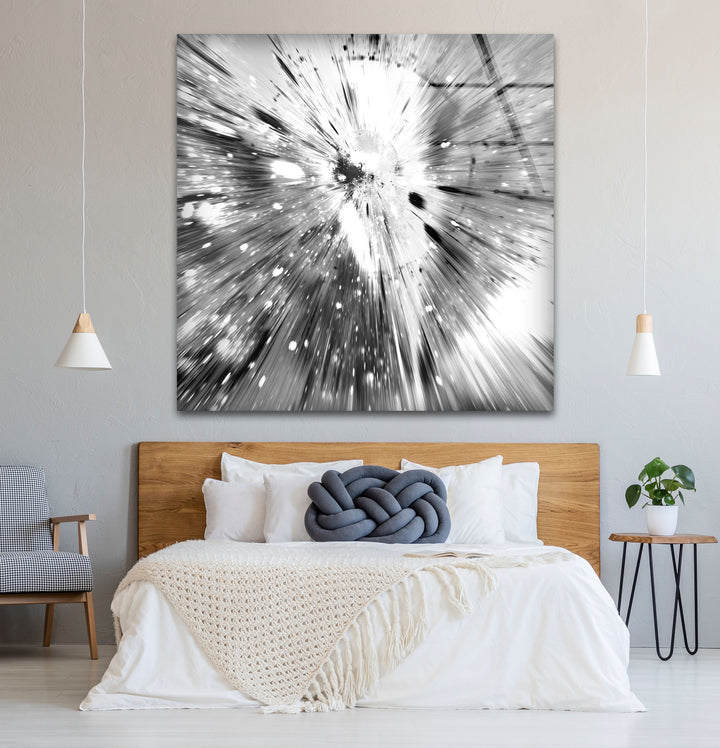 Monochrome Explosion Wall Art – Abstract Black and White Glass Print