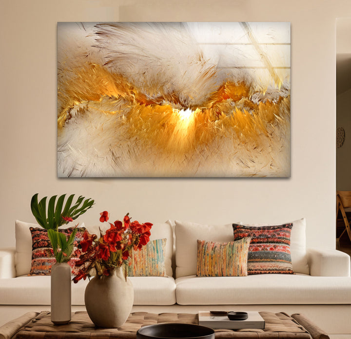Golden Feather Storm Wall Art – Abstract Light Burst Glass Print