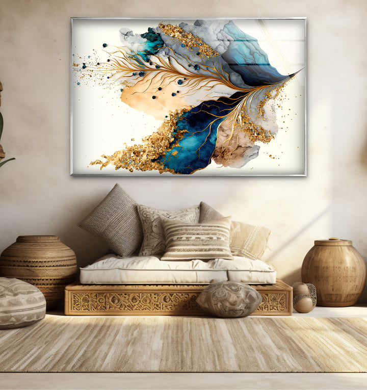 Abstrakte Glaswandkunst in Gold und Blau – Luxuriöses, modernes, fließendes Design