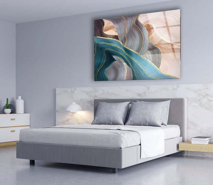 Goldene Adern Abstrakte Wandkunst – Blauer und beiger Glasdruck 