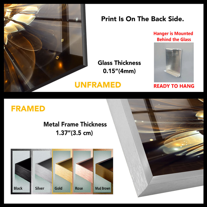 Golden Bloom Burst Wall Art – Radiant Abstract Flower Glass Print