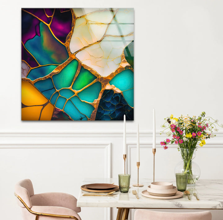 Colorful Abstract Stained Glass Wall Art – Golden Fractured Modern Glass Print - MyPhotoStation