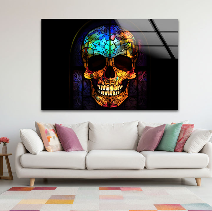 Gotischer Totenkopf Buntglas Wandkunst – Dunkles ästhetisches Fensterdesign, ausgefallene Wohndekoration 