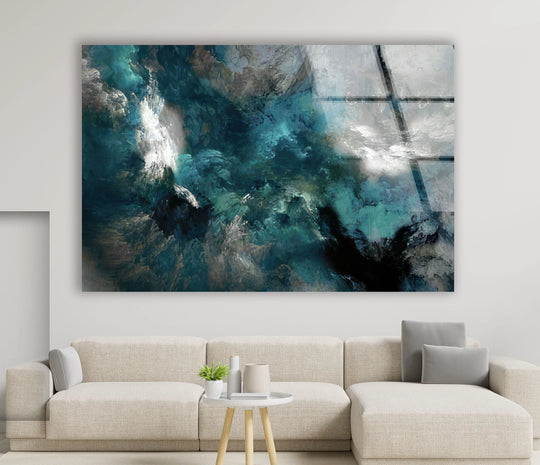 A horizontal abstract glass art painting depicting the tumultuous shapes of an ocean storm in deep blues and grays.
