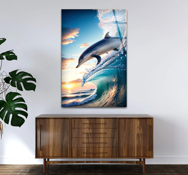 Jumping Dolphin Glass Wall Art – Ocean Wave Sunset Scene for Coastal Decor - MyPhotoStation