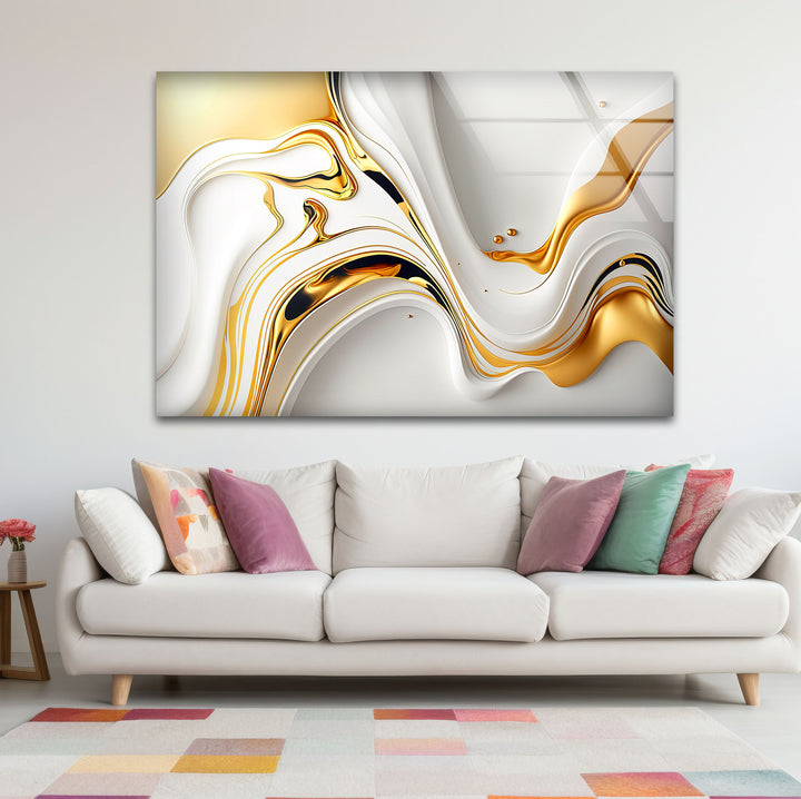 White Gold Fluid Wall Art – Modern Abstract Glass Print for Interior Elegance