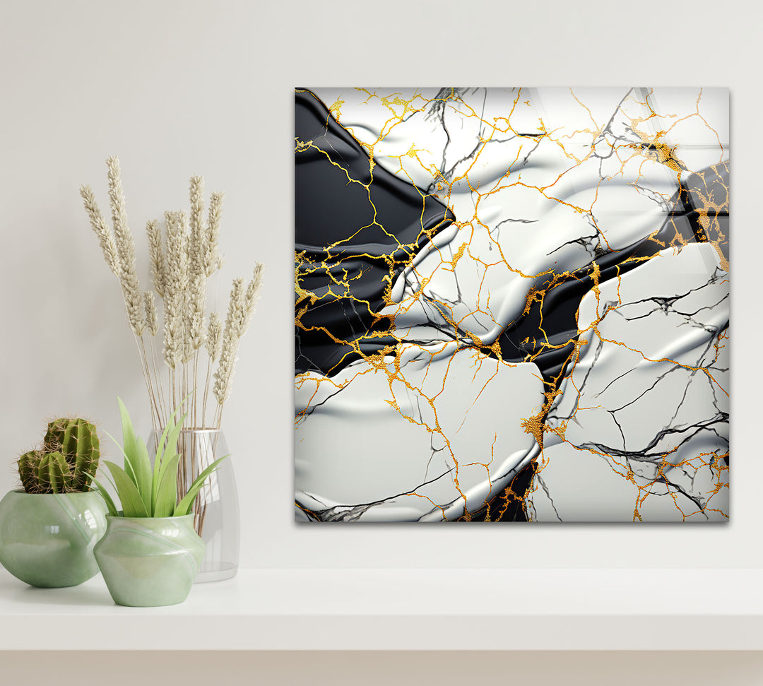 Luxury Marble Abstract Wall Art – Black, White & Gold Glass Panel Print