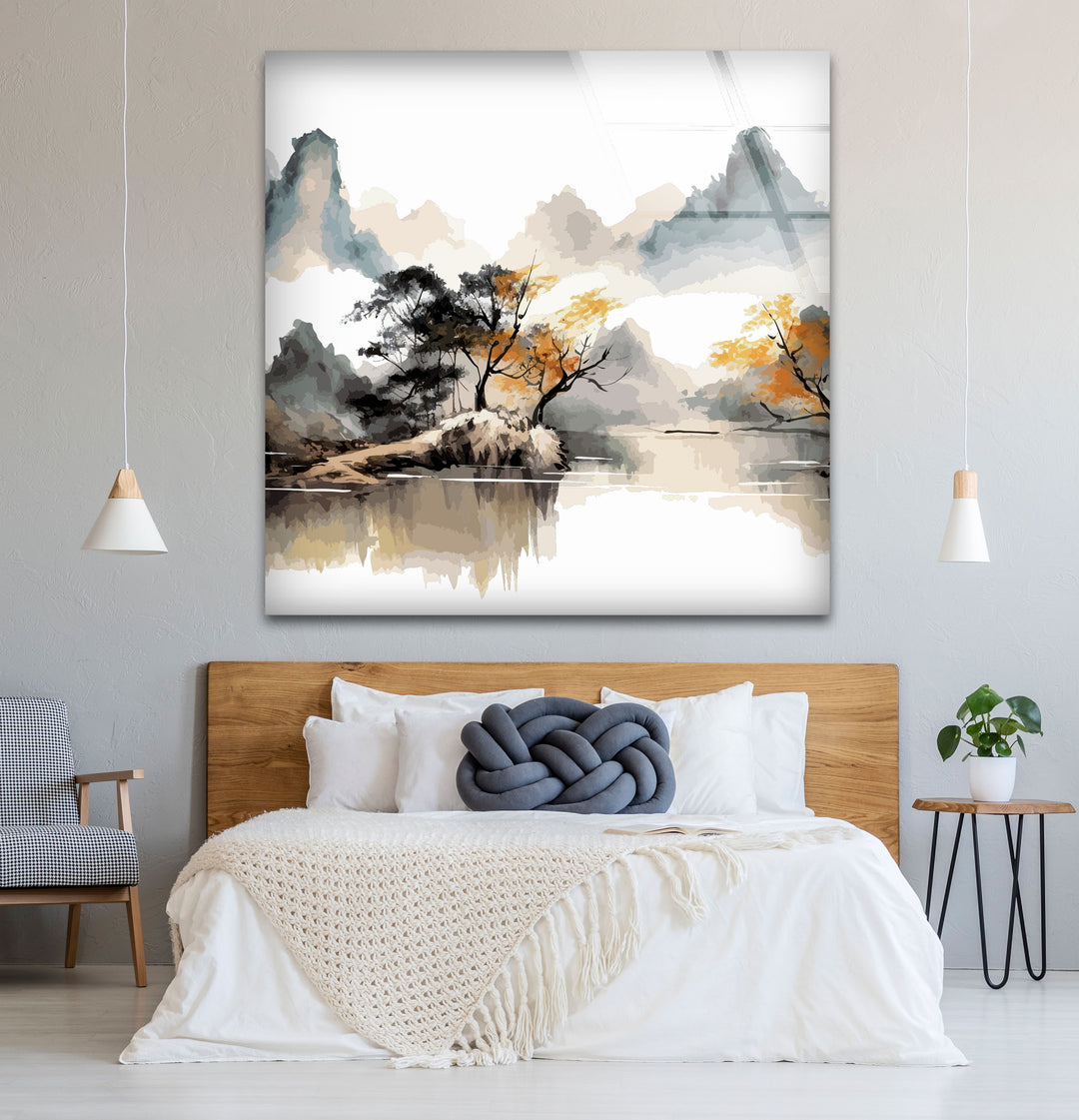 Serene Mountain Lake Wall Art – Asian Landscape Ink Style Glass Print