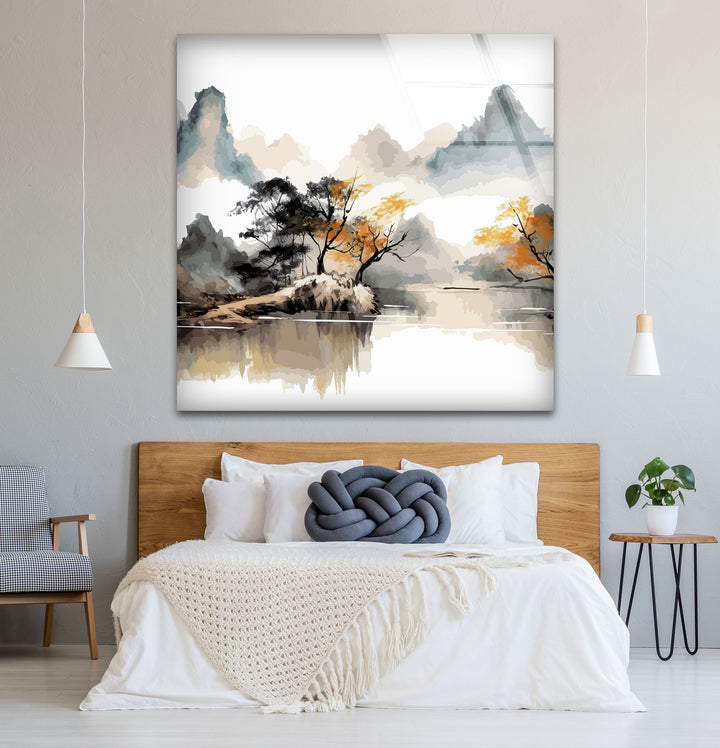 Serene Mountain Lake Wall Art – Asian Landscape Ink Style Glass Print