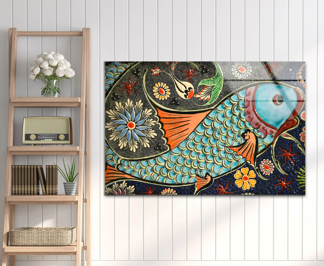 Floral Patterned Fish Wall Art – Turkish Ceramic-Inspired Glass Print - MyPhotoStation