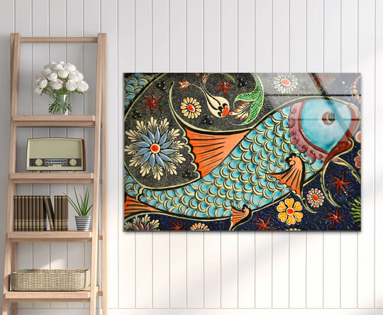 Close-up of a vivid floral patterned fish glass wall art, featuring intricate details of blue scales and red starfish, embodying the best glass art.