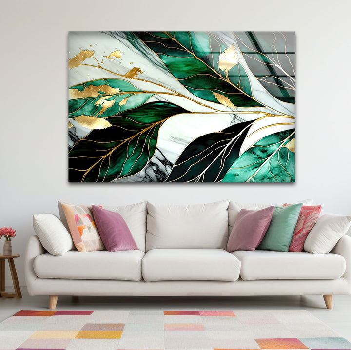 Gold & Emerald Botanical Glass Wall Art – Luxury Green Leaf Design
