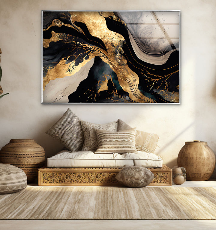 Black & Gold Abstract Glass Wall Art – Luxury Modern Fluid Design