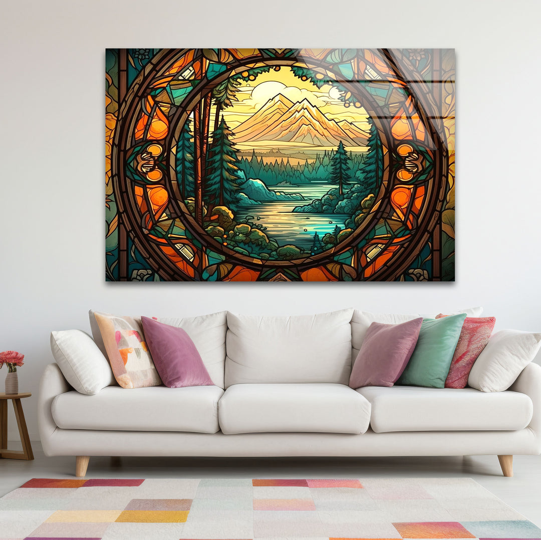 Stained Glass Mountain Landscape – Scenic Forest & River Window Panel