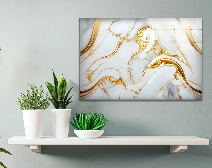 Luxury White Marble Wall Art with Gold Swirl – Elegant Glass Print for Modern Interiors - MyPhotoStation
