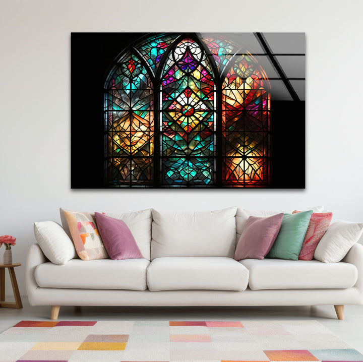 Gothic Cathedral Stained Glass Wall Art – Colorful Sacred Window Panel Decor