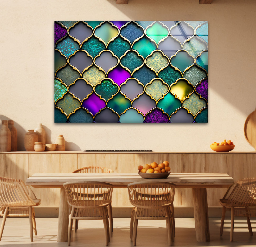 Moroccan Geometric Stained Glass Wall Art – Luxurious Gold & Teal Decor