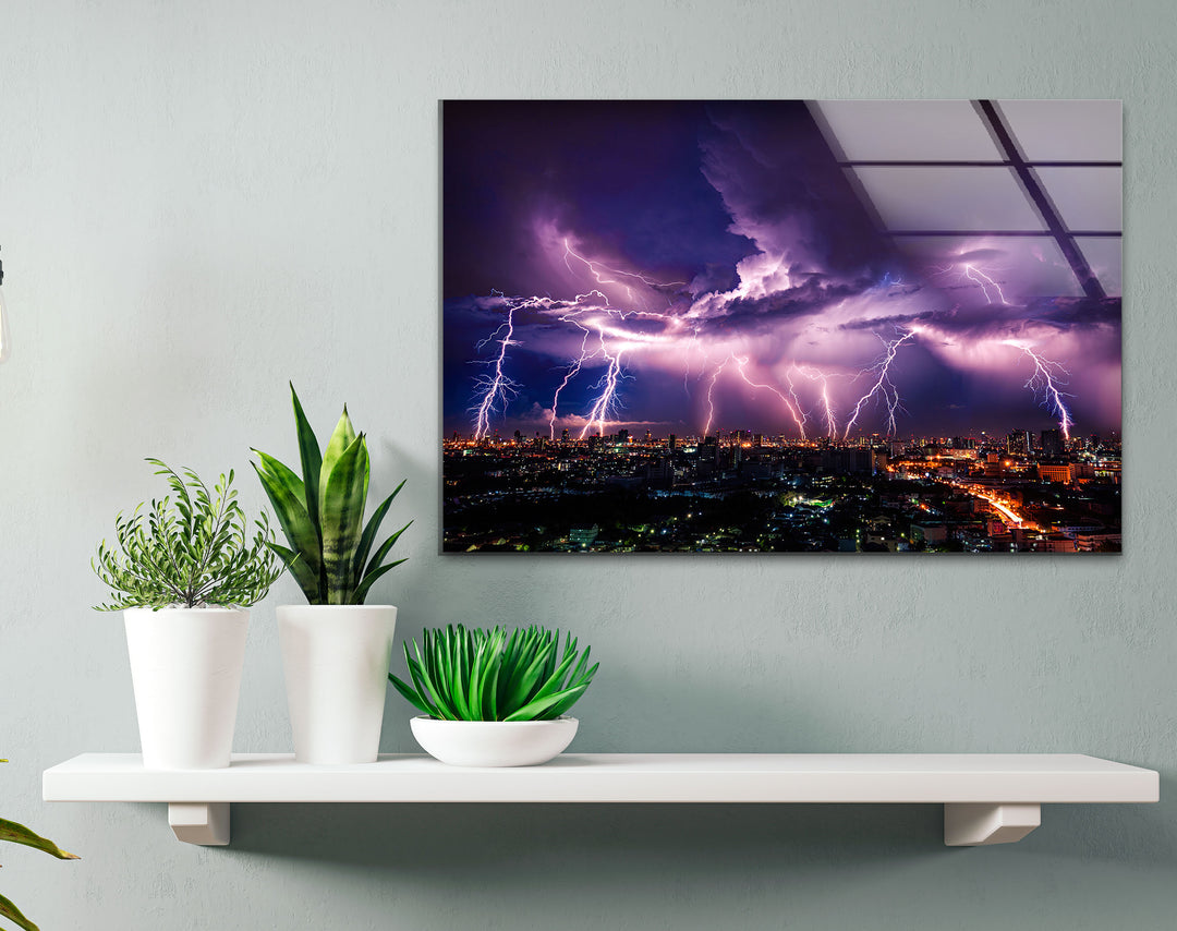 Purple Lightning Storm Over Cityscape – Dramatic Night Sky Glass Wall Art