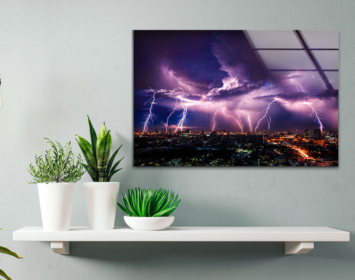 Purple Lightning Storm Over Cityscape – Dramatic Night Sky Glass Wall Art