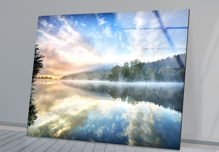 Misty Lake Sunrise Wall Art – Tranquil Morning Glass Landscape Print