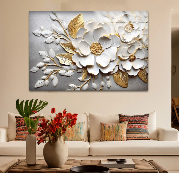 White Gold Floral Wall Art – 3D Textured Flower Print on Glass Panel - MyPhotoStation
