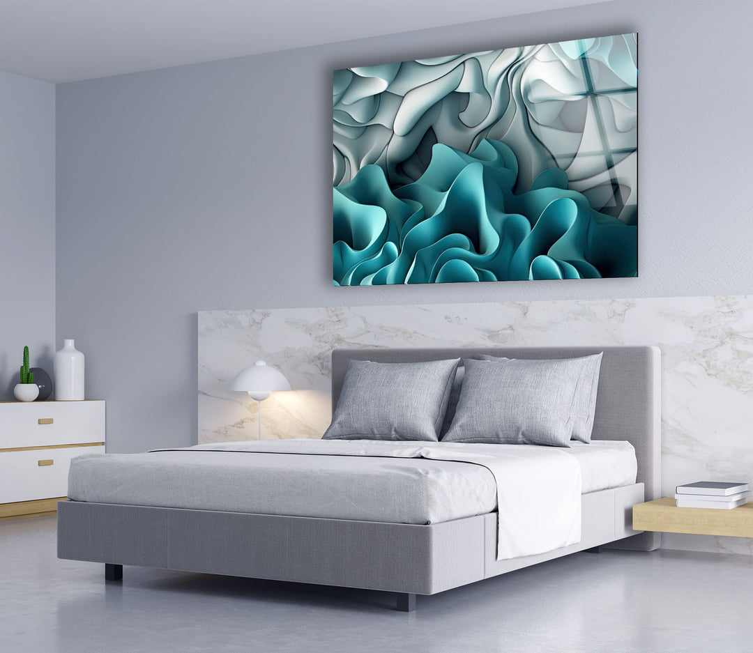 Aqua Dreamscape Wandkunst – Blaugrüner und grauer abstrakter Glasdruck 