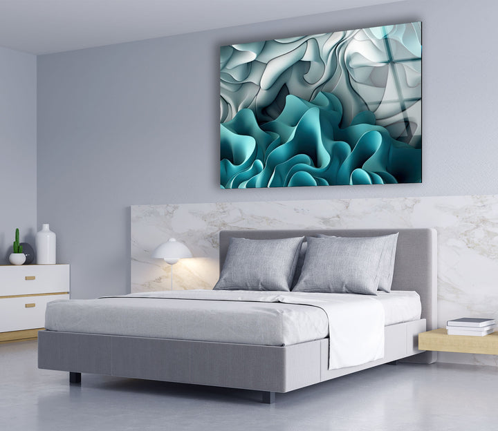 Aqua Dreamscape Wandkunst – Blaugrüner und grauer abstrakter Glasdruck 