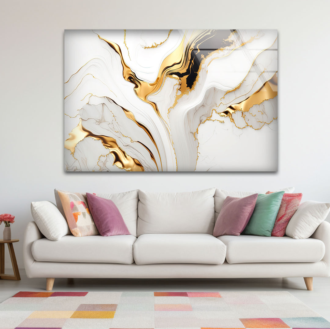 White Gold Marble Abstract Wall Art – Modern Luxury Glass Print for Elegant Interiors