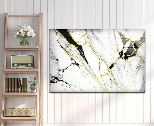 Abstract black and gold marble glass wall artwork featuring luxurious veins on a white background.
