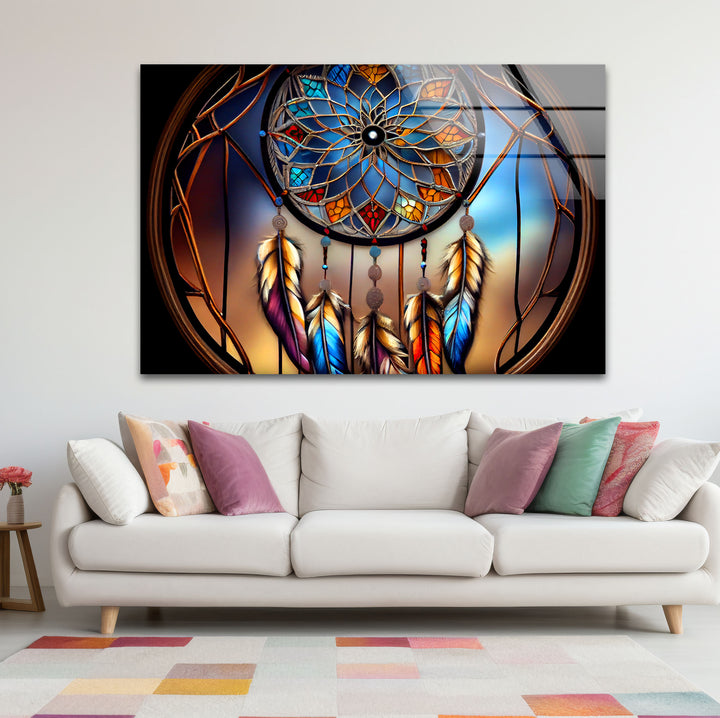 Dreamcatcher Stained Glass Wall Art – Boho Spirit Window Design, Tribal Home Decor