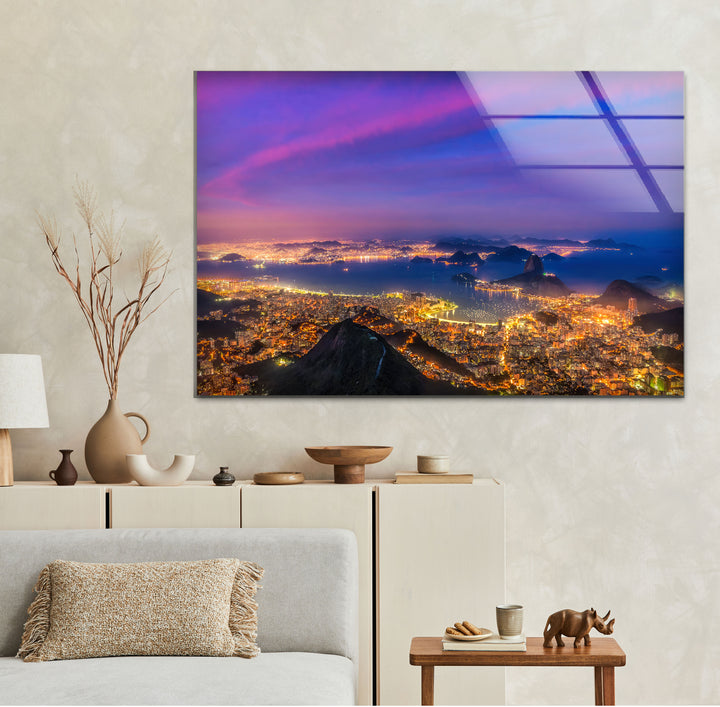 Rio de Janeiro Skyline Wall Art – Vibrant Cityscape Glass Print with Sunset Sky for Urban Interiors