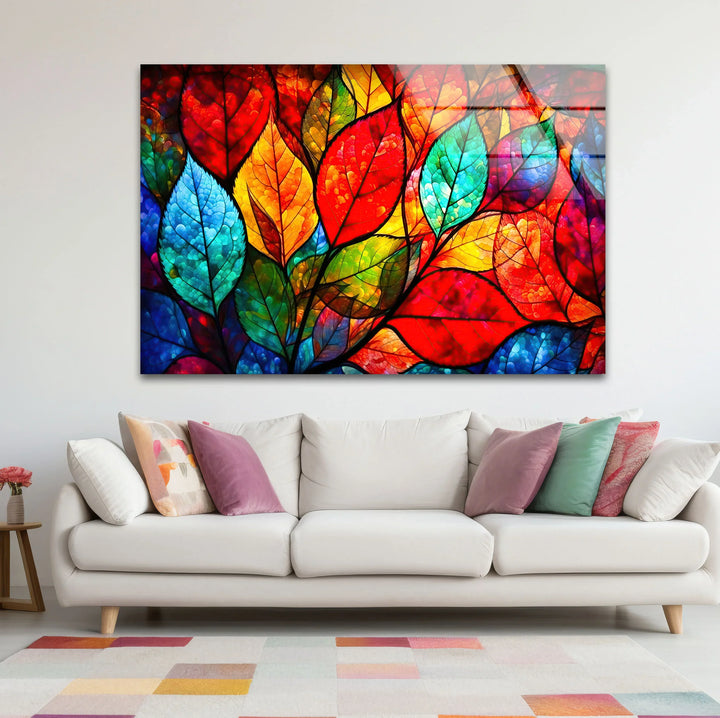 Vibrant Stained Glass Leaf Wall Art – Colorful Botanical Glass Decor - MyPhotoStation