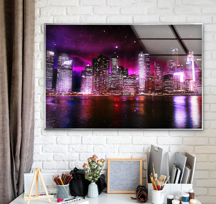 Futuristic Cityscape Wall Art – Neon Skyline Glass Print with Galaxy Night View