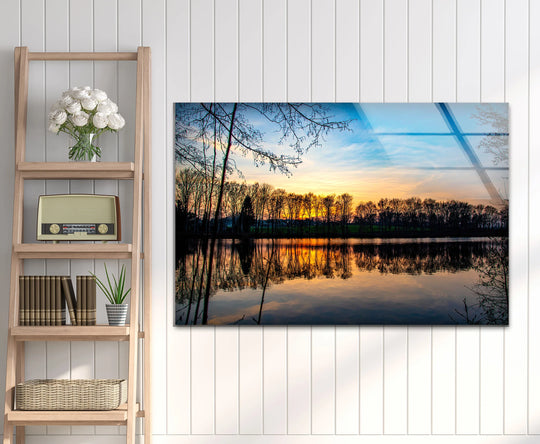 Dramatic color contrast illuminates this tranquil sunset lake glass wall art, a stunning example of best glass art with a reflective dusk scene.