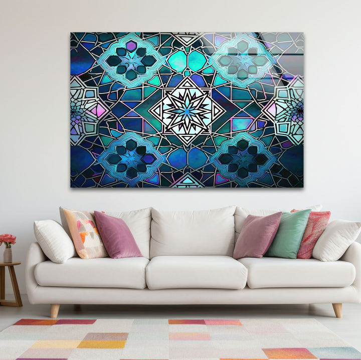 Blue Mosaic Star Glass Wall Art – Islamic Geometric Window Panel, Sacred Pattern Decor