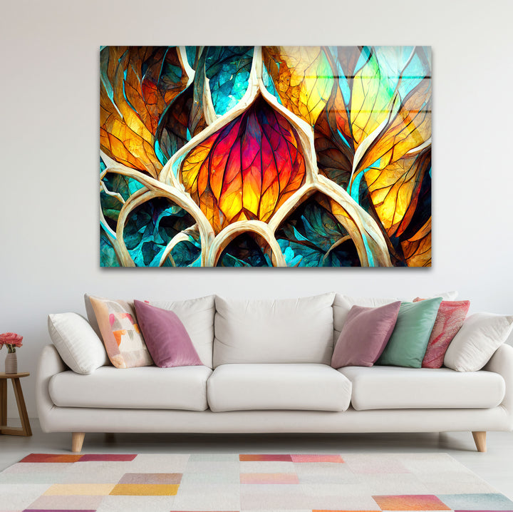 Von der Natur inspirierte Buntglas-Wandkunst – Abstraktes Blattdesign 