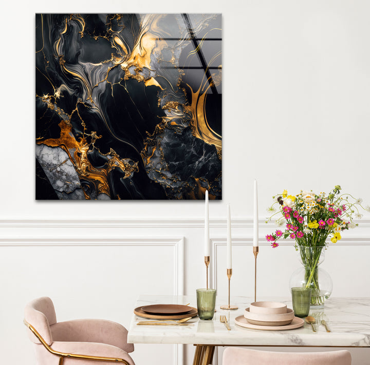 Black Marble Gold Flow Wall Art – Luxury Abstract Glass Print for Modern Interiors